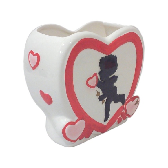 Vintage Ceramic Heart Vase Cupid Valentine Wedding Shower Stanford Pottery Ohio
